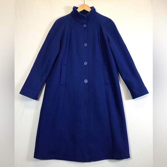 Vintage Komitor Womens Oversized Wool Trench Coat Size 8 Long Overcoat Twee Blue - Picture 2 of 16